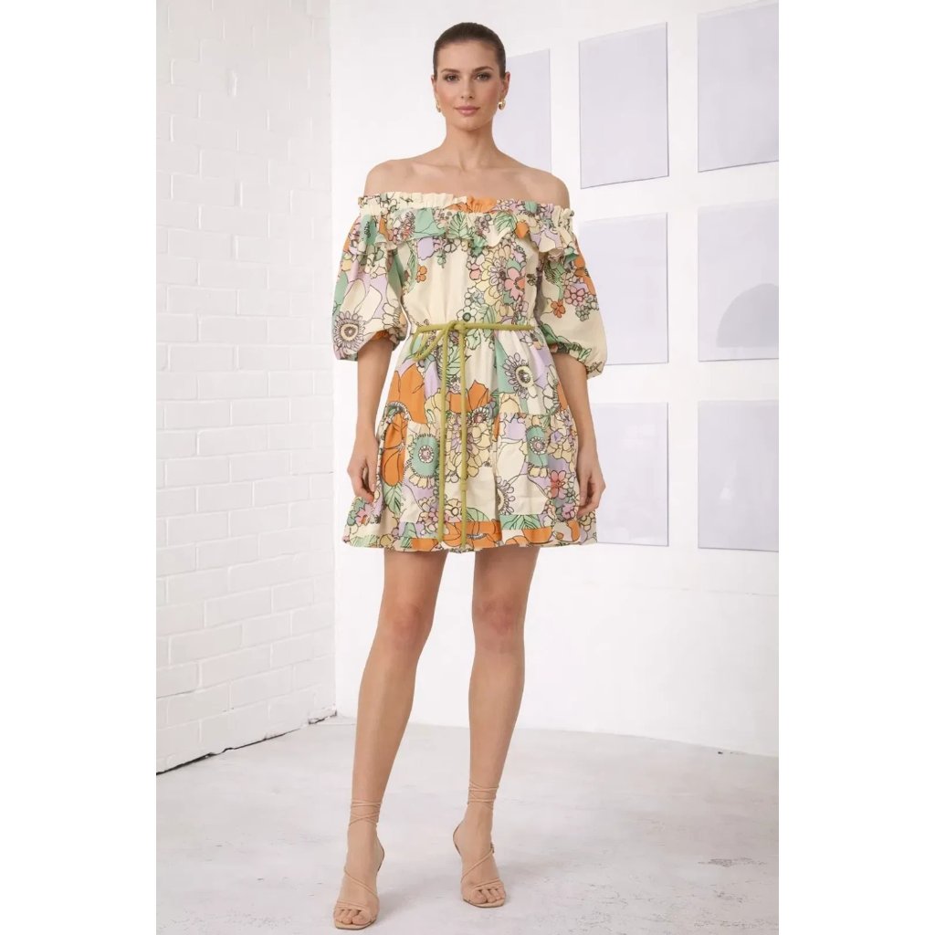 Alemais Farrah Ruffle Mini Dress Floral Linen Belted, Size 8 | 12